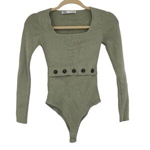 Zara Size Small Green Long Sleeve Button Trim Knit Bodysuit